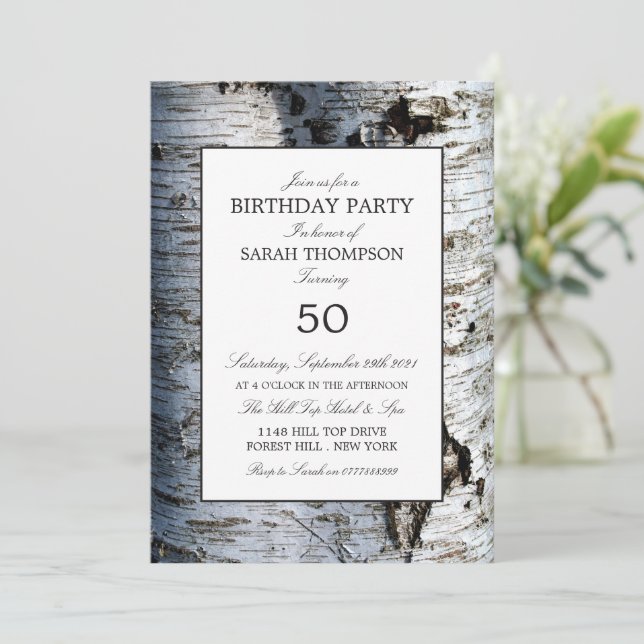 Invitation Arbre à bouleau argenté rustique, Anniversaire (Debout devant)