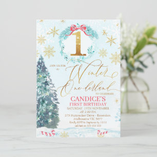 Invitation Arbre à pin bleu or Hiver Onederland Anniversaire