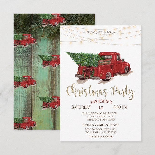 Invitation Arbre à pin de camion rouge, Fête de Noël en bois  (Devant / Derrière)
