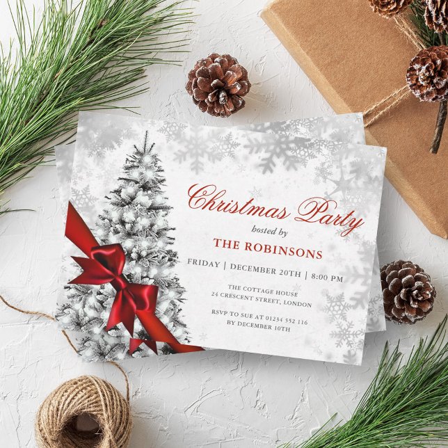 Invitation Arbre à pin de Noël, Argent et Ruban Rouge (Festive Xmas Pine Tree, Silver & Red Ribbon Invitation)