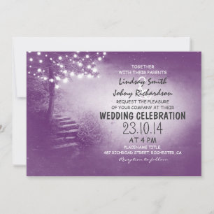 Invitation arbre avec lampes à cordes mariage rustique violet