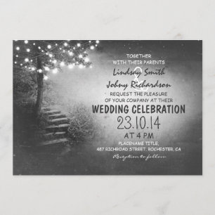 Invitation arbre avec lumières à cordes noir & blanc mariage