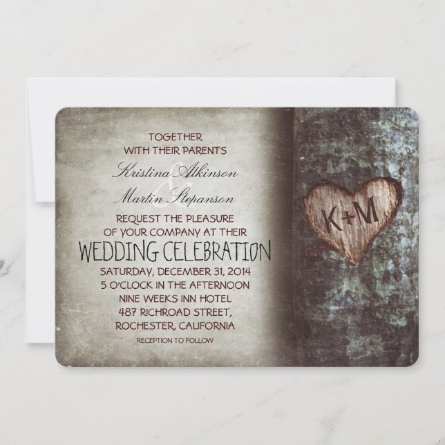 Invitation Arbre Coeur sculpté Rustique et mariage vintage (Devant)