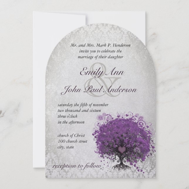 Invitation Arbre d'aubergine feuille coeur Mariage damassé Vi (Dos)