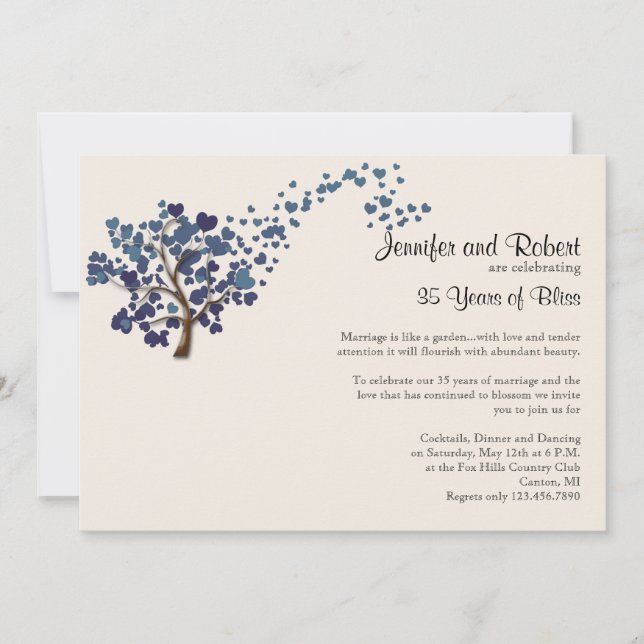 Invitation Arbre de coeur bleu sur l'anniversaire du Mariage  (Devant)