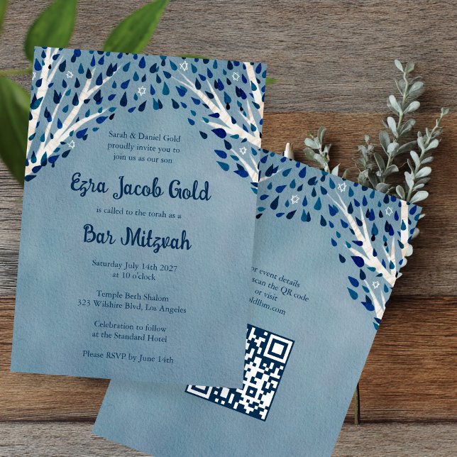 Invitation Arbre de la vie étoiles Custom Bat Bar Mitzvah QR  (Tree of Life Stars Custom Bat Bar Mitzvah QR Code Invitation
)
