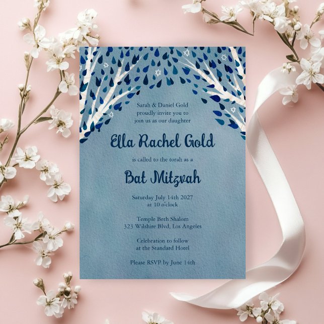 Invitation Arbre de la vie Stars Aquarelle Bat Bar Mitzvah (Tree of Life Stars Watercolor Bat Bar Mitzvah Invitation
)