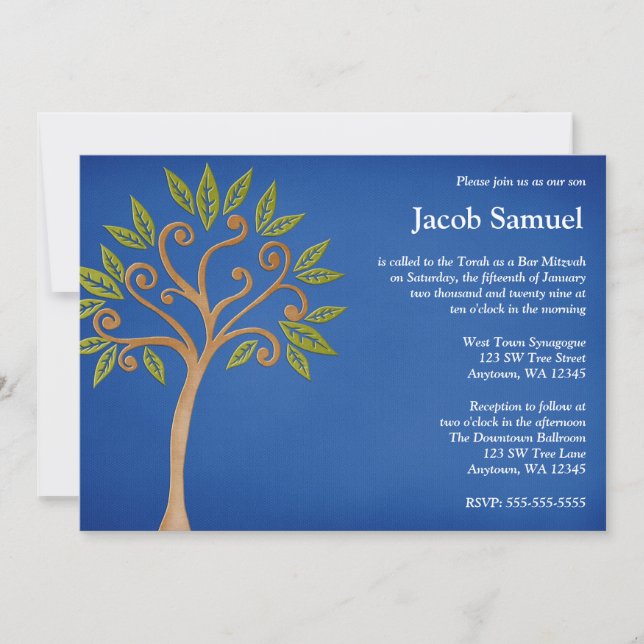 Invitation Arbre de la vie tourbillonne Blue Bar Mitzvah Invi (Devant)
