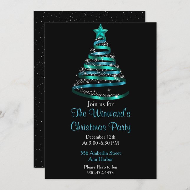 Invitation Arbre de Noël bleu turquoise (Devant / Derrière)