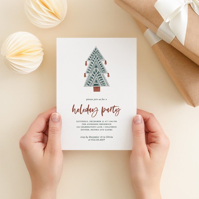 Invitation Arbre de Noël Boho | Fête de vacances (A fun and trendy holiday party invitation with a boho Christmas tree and casual terracotta script)