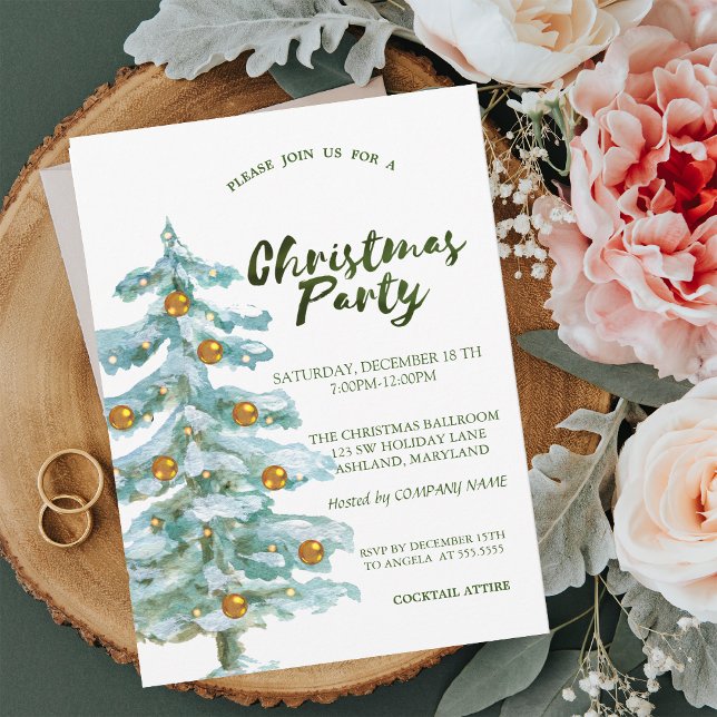 Invitation Arbre de Noël, Boules d'or Noël Société de fête (Créateur téléchargé)