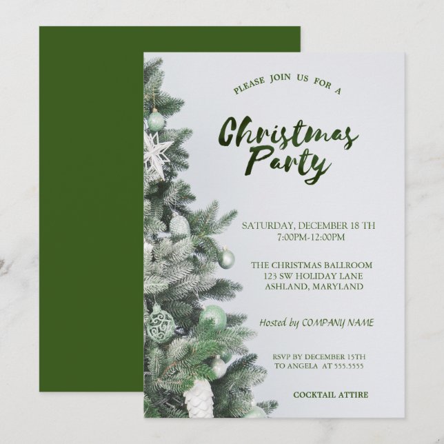 Invitation Arbre de Noël, Boules, Vert Noël Compagnie de fête (Devant / Derrière)
