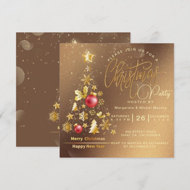 Invitation Arbre de Noël Budget Gold (Devant / Derrière)