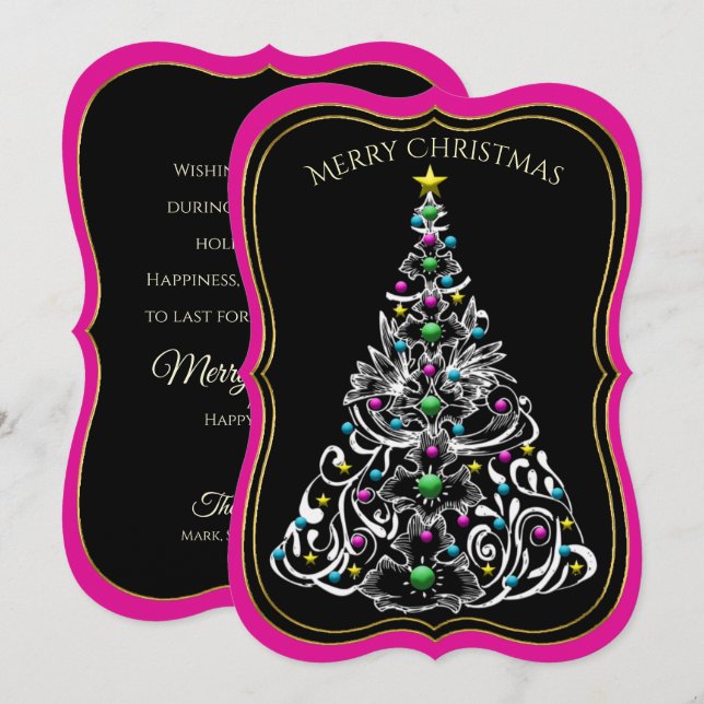 Invitation Arbre de Noël Décoré Double Côté, Noir/Rose (Devant / Derrière)