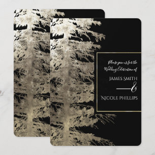 Invitation Arbre de Noël doré et noir, mariage rustique en fo
