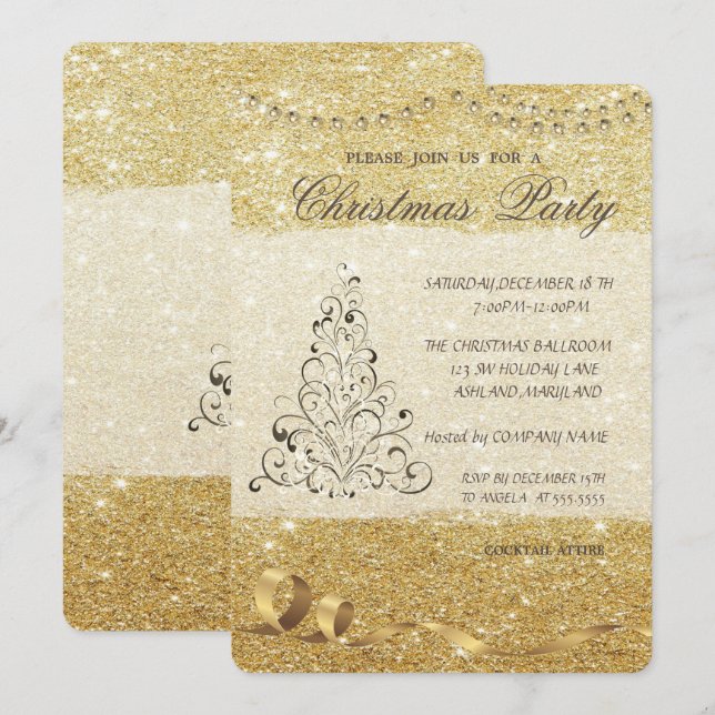 Invitation Arbre de Noël élégant, Glitterie, Fête de Noël (Devant / Derrière)