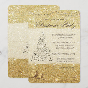 Invitation Arbre de Noël élégant, Glitterie, Fête de Noël