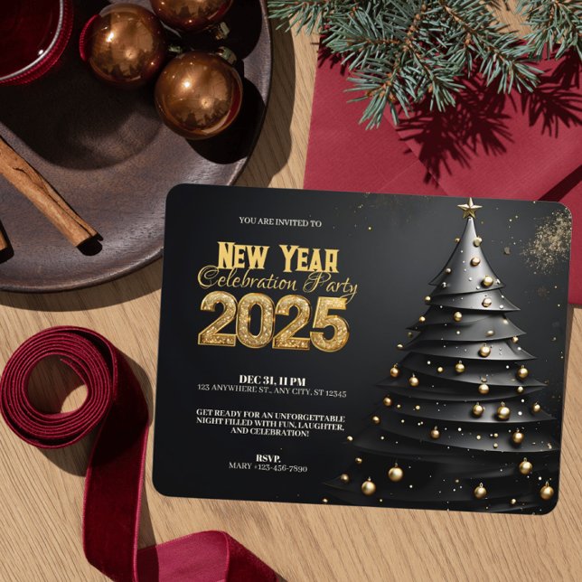 Invitation Arbre de Noël et ornements d'or Nouvel An moderne (Créateur téléchargé)