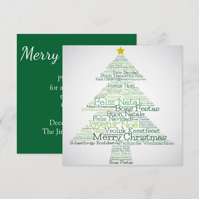 Invitation Arbre de Noël fait de mots "Joyeux Noël" (Devant / Derrière)