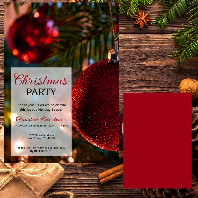 Invitation Arbre de Noël, Glitterie Rouge Ornements Fête de N (Créateur téléchargé)