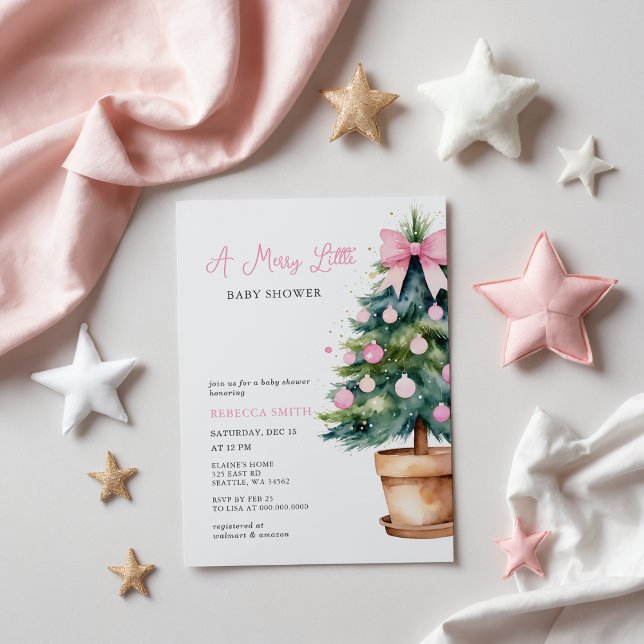 Invitation Arbre de Noël Pink Bow Joyeux petit Baby shower (Pink Bow Christmas Tree Merry Little Baby Shower Invitation)