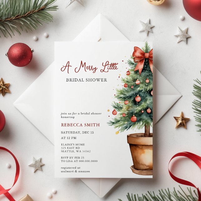 Invitation Arbre de Noël Red Bow Joyeux Petite Fête des marié (Red Bow Christmas Tree Merry Little Bridal Shower Invitation)