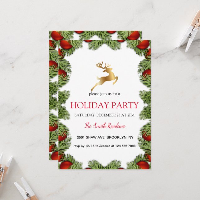 Invitation Arbre de Noël, rennes dorés (Devant/Arrière en situation)