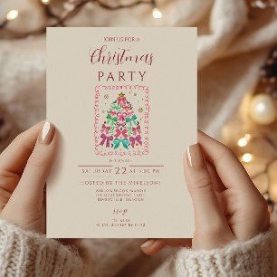 Invitation Arbre de Noël Rose Ruban Coquette