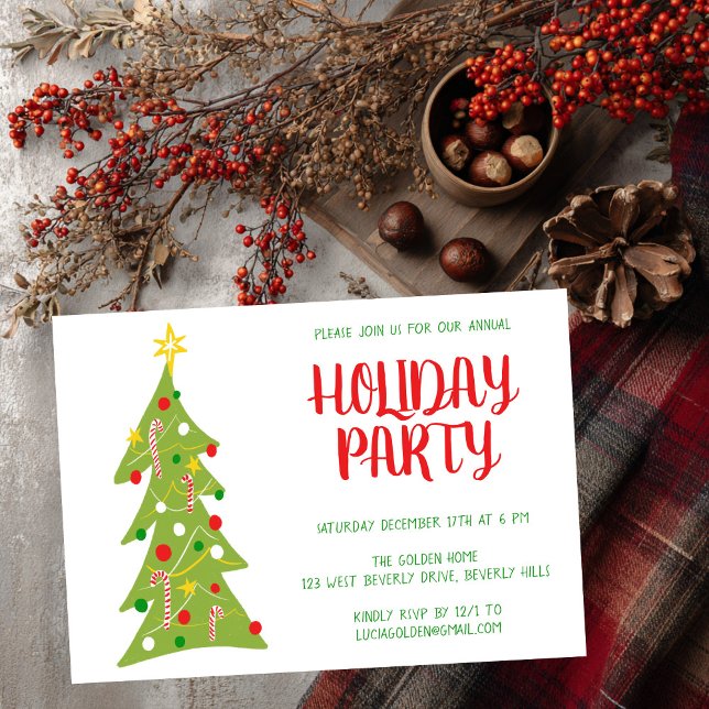 Invitation Arbre de Noël Tiré main Fête de Noël PERSONNALISÉ (Christmas Tree Hand Drawn Holiday Party CUSTOM Invitation
)