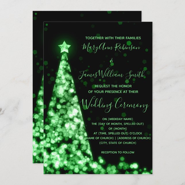 Invitation Arbre de Noël Vert Élégant Mariage de Fêtes (Devant / Derrière)