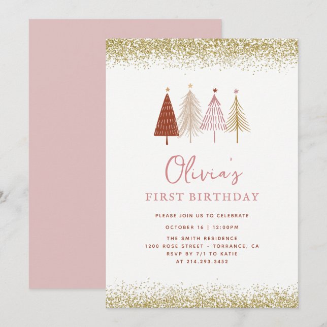 Invitation Arbre de Noël Wonderland Girl 1er anniversaire (Devant / Derrière)