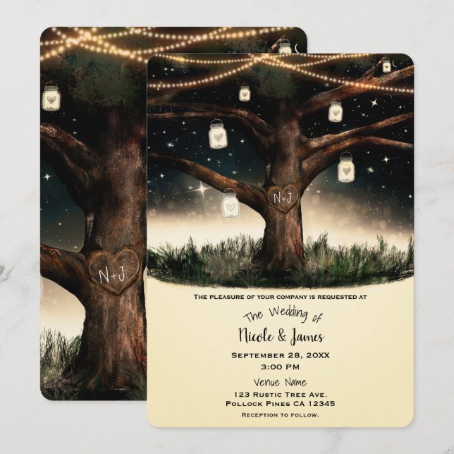 Invitation Arbre de nuit rustique avec lumières et mâchoires  (Devant / Derrière)