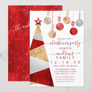 Invitation Arbre de Parties scintillant en argent rouge Noël