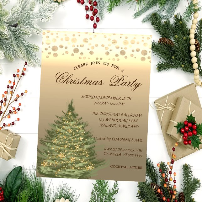 Invitation Arbre de pin d'or, Étoiles, Fête de Noël des point (Créateur téléchargé)