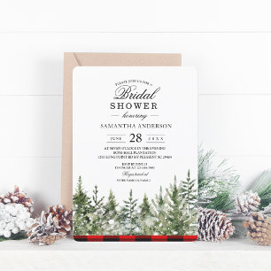 Invitation Arbre de pin vert aquarelle & carreau de buffle r