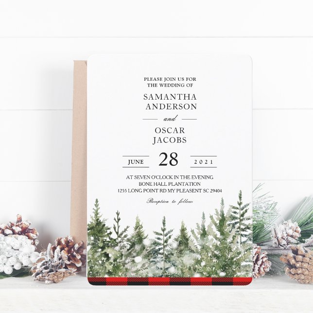 Invitation Arbre de pin vert aquarelle et carreau de buffle r (Créateur téléchargé)