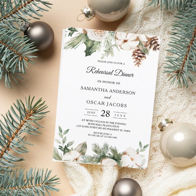 Invitation Arbre de pin vert d'hiver à l'aquarelle & Fleurs b (Créateur téléchargé)