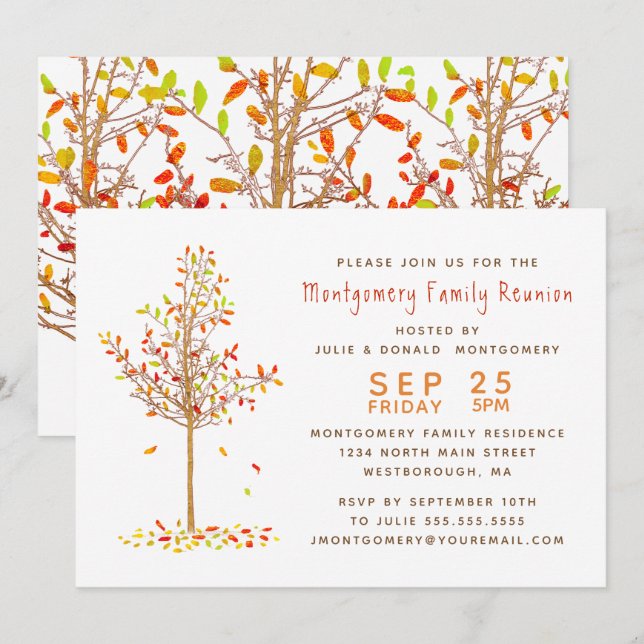 Invitation Arbre de réunion famille aquarelle Feuilles d'auto (Devant / Derrière)