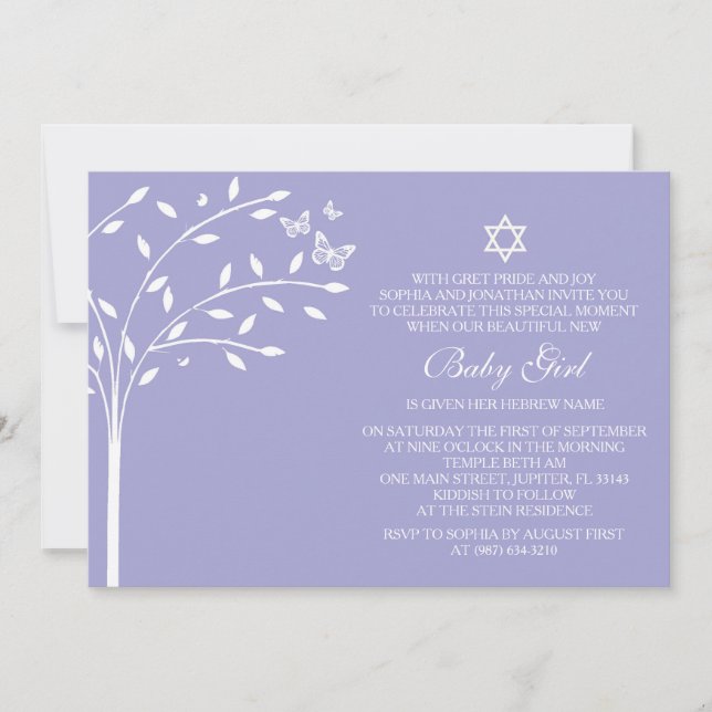 Invitation Arbre de vie Baby Girl Naming Day Invitation, viol (Devant)