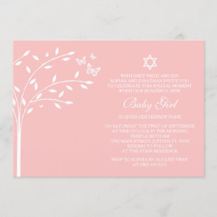 Invitation Arbre de vie Baby Girl Naming Day Papillon rose