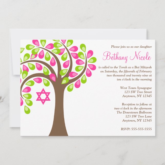 Invitation Arbre de vie moderne Bat mitzvah vert rose (Devant)