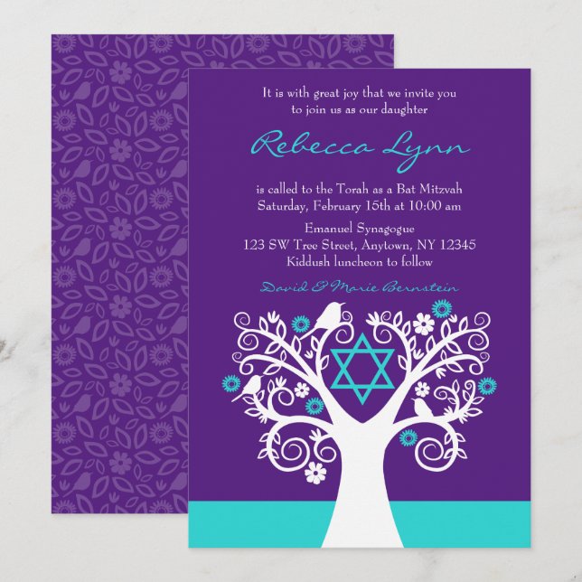 Invitation Arbre de vie Oiseaux pourpres Bat mitzvah Turquois (Devant / Derrière)