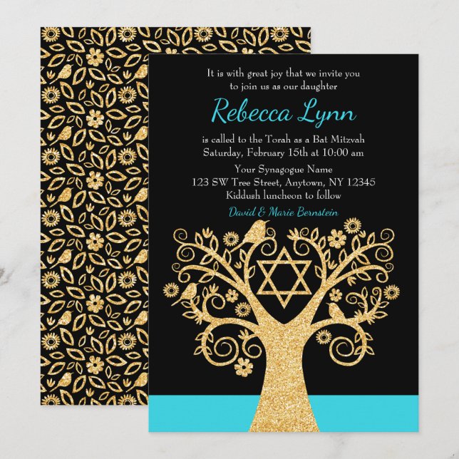 Invitation Arbre de vie Oiseaux Turquoise Blue Gold Bat mitzv (Devant / Derrière)