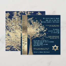 Invitation Arbre de vie Or et Marine Barre Bleue Mitzvah
