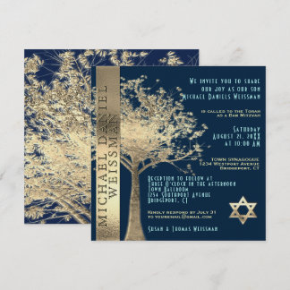 Invitation Arbre de vie Or et Marine Barre Bleue Mitzvah