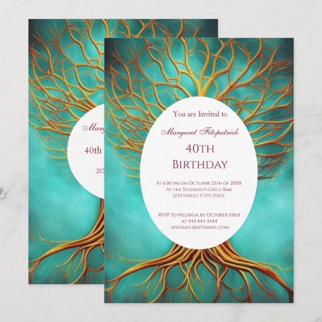 Invitation Arbre de vie or turquoise à tout âge Anniversaire  (Devant / Derrière)