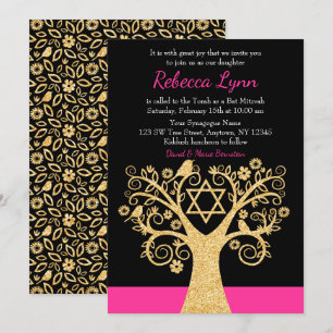 Invitation Arbre des oiseaux vivants Bat mitzvah d'or rose