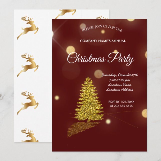 Invitation Arbre doré, rennes dorés et Père Noël Invi (Devant / Derrière)