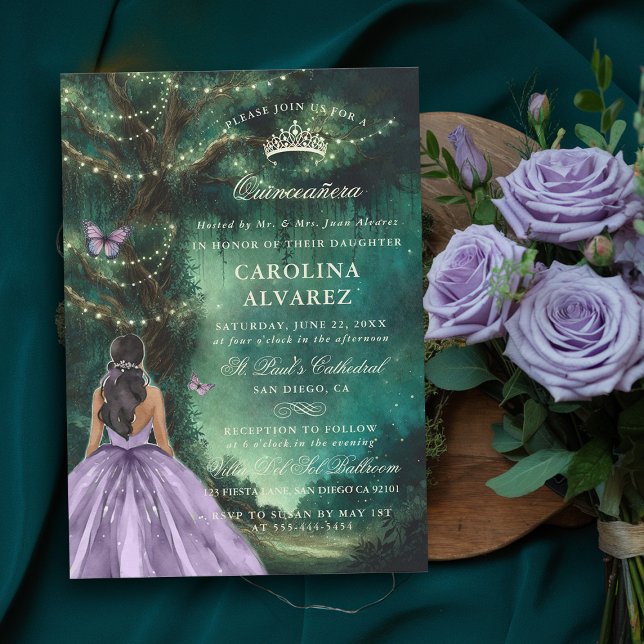 Invitation Arbre forestier enchanté Lavande verte Quinceanera (enchanted forest quinceanera invitation emerald green lavender pink formal elegant quince)