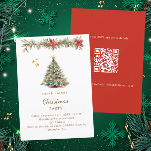 Invitation Arbre garland fleurs rouges QR code Noël